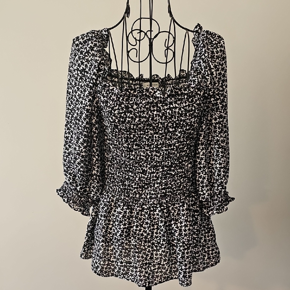 Max Studio Black and White Smocked Square-Neck Peplum Top